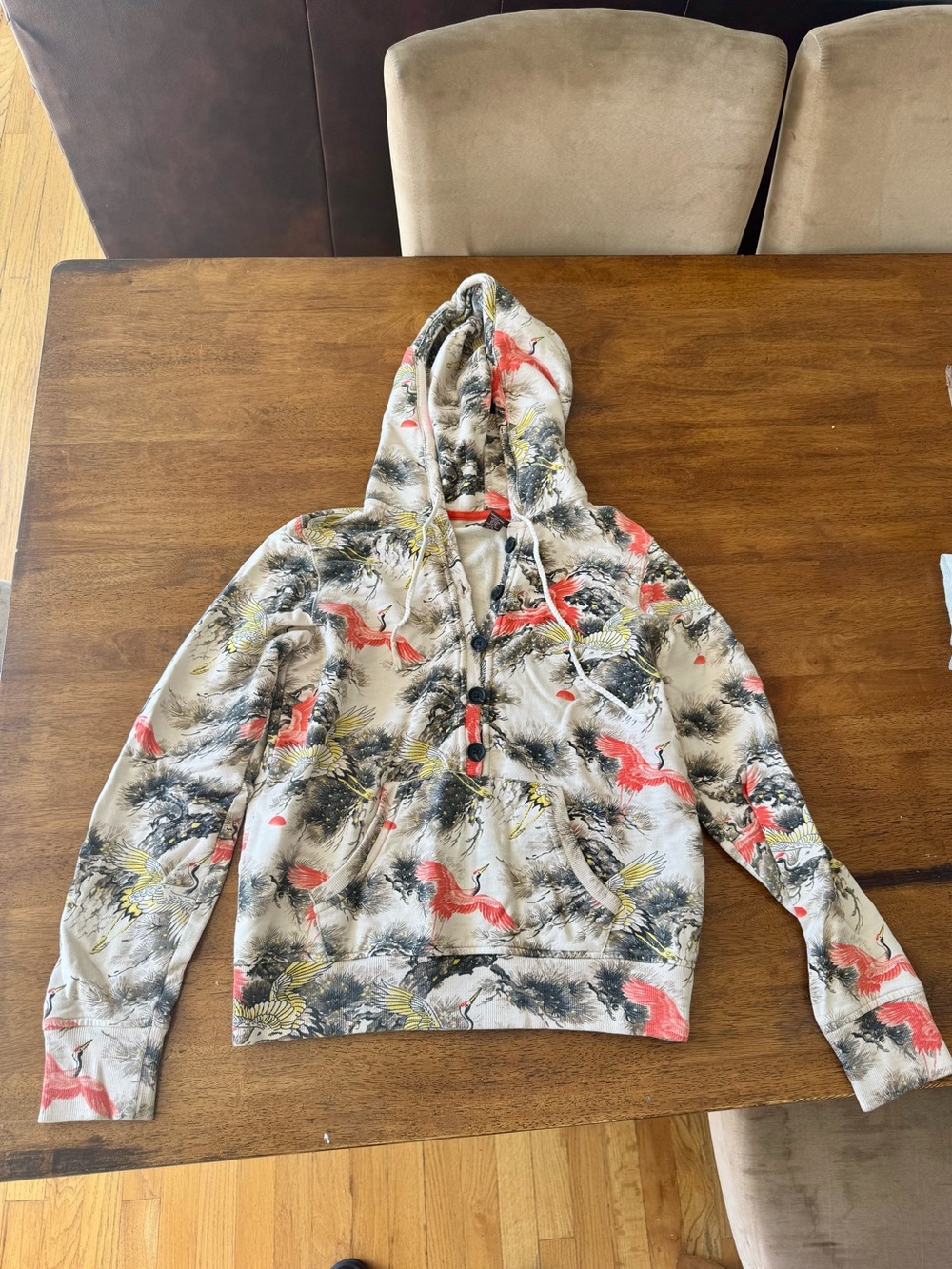 Lucky Brand Cream Hoodie with Crane Print